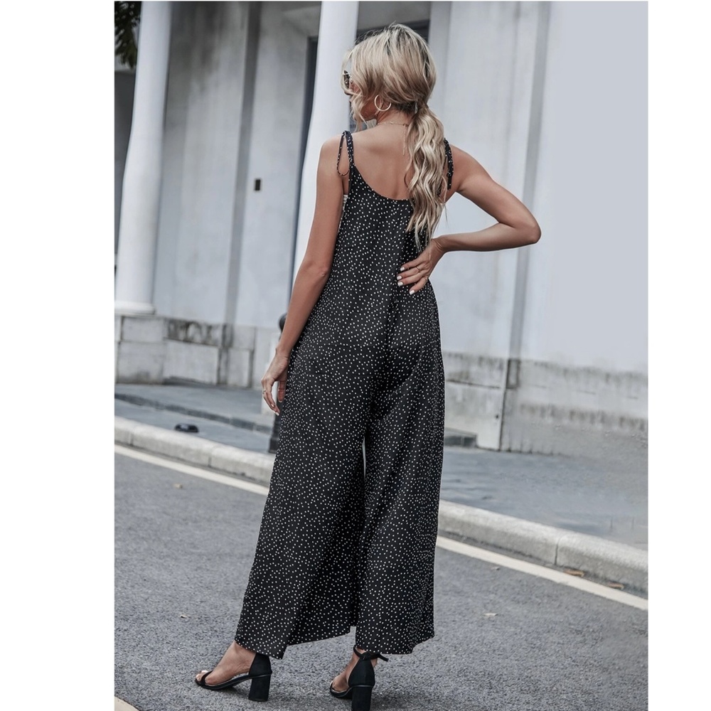 Tie Shoulder Polka Dot Black Wide Loose Fitting Jumpsuit - Picture 3 of 9